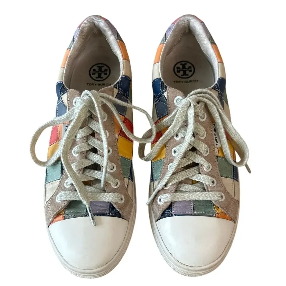 Tory Burch Patchwork Sneakers Rainbow Leather Court‎ Shoes 7